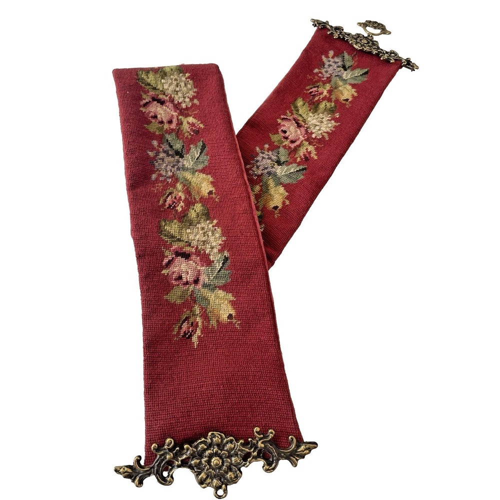 Vtg Burgundy Needlepoint Tapestry Ornate Brass Bell Pull Wall Hanging 63" Long